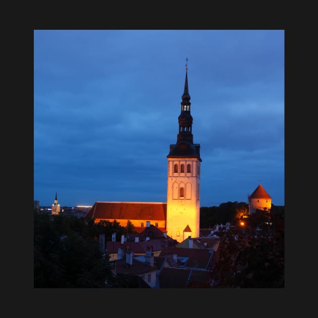 Nicholas Church, Niguliste Kirik, view from Toompea to Lower Town, Old Town at dusk, Tallinn, Estonia, Europe by Kruegerfoto