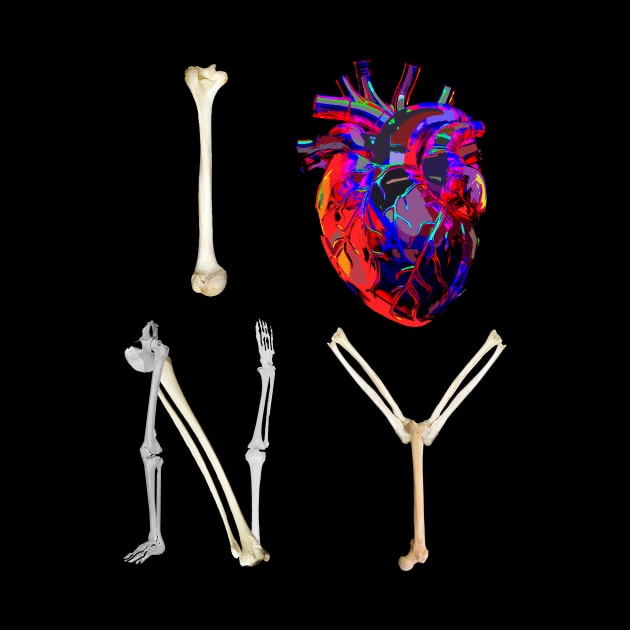 I bone NY - spooky version of I love New York with anatomical bones and art heart by Asterisque
