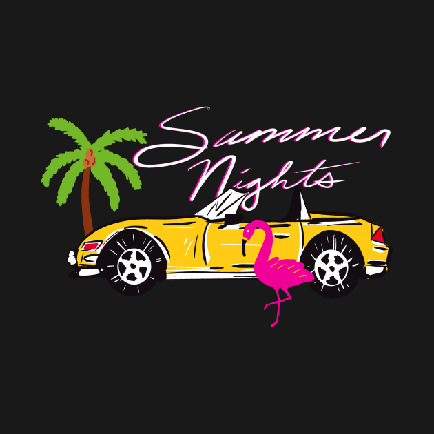 80s Miami Millennial Kitsch Y2K Maximalist Aesthetic Yellow Flamingo Exotic Car Pattern On Yellow Background by panco