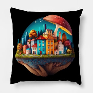 Little City under a Mushroom | Psychedelic Art Pillow