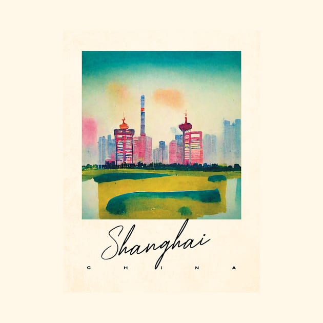 Shanghai Morning Watercolor Travel Poster Retro Wall Art Illustration by BetterManufaktur