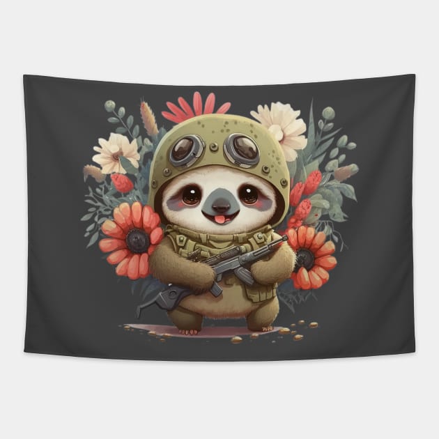 The flowery soldier as a sloth armed and ready for peace Tapestry by EUWO