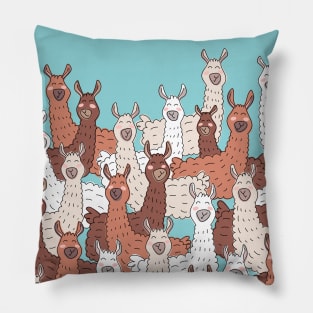 Llama Party - Brown Beige Aqua Blue Pillow
