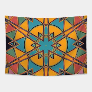 Cartoon Mandala Yellow Blue and Orange Tapestry