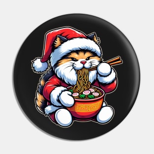 Cute Cat as Santa eating Ramen on Christmas Pin