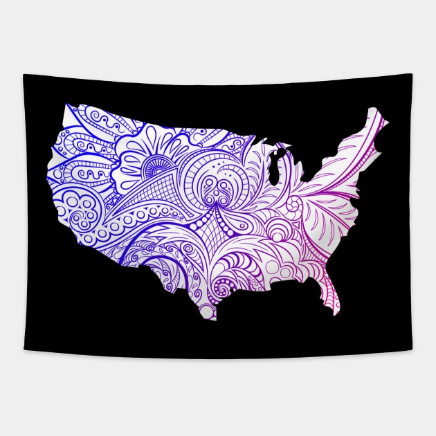 Colorful mandala art map of the United States of America in blue and violet on white background Tapestry by Happy Citizen