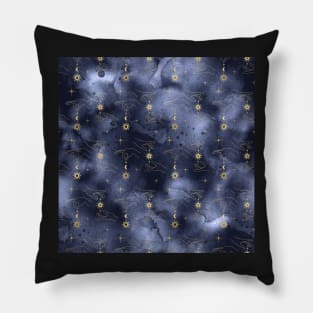 Golden Sun Moon Star on String Hand Navy Blue Pillow