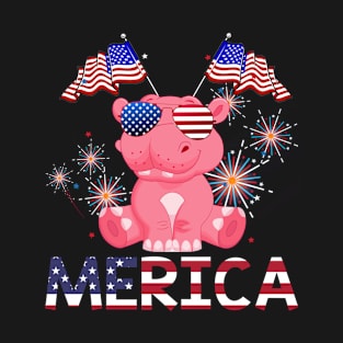 Merica Hippopotamus Usa American Flag Independence T-Shirt