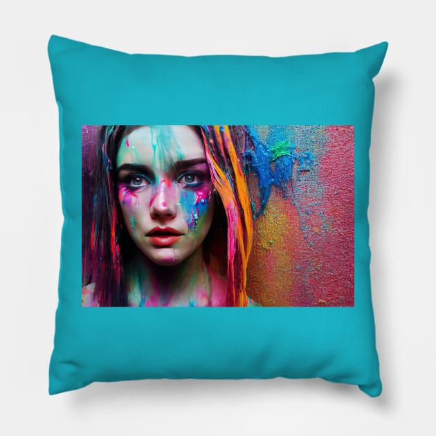 Painted Insanity Dripping Madness 5 - Abstract Surreal Expressionism Digital Art - Bright Colorful Portrait Painting - Dripping Wet Paint & Liquid Colors Pillow by JensenArtCo