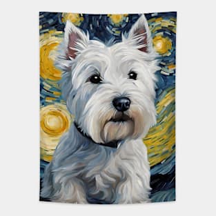 Cute West Highland White Terrier Dog Breed Painting in a Van Gogh Starry Night Art Style Tapestry