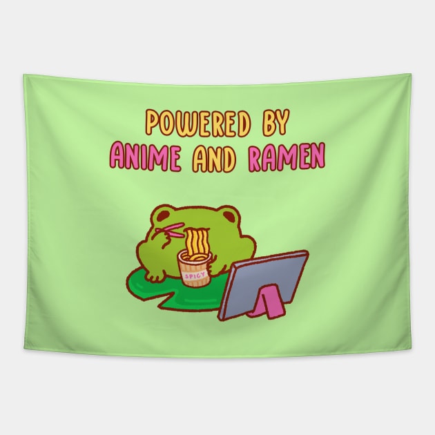 Powered by anime and ramen, a cute frog eating ramen noodles and watching his ipad Tapestry by Tinyarts