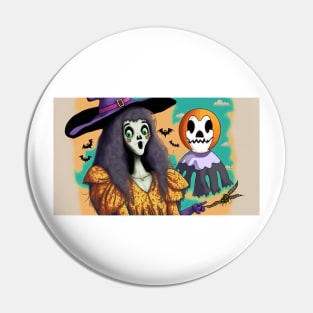 Witch Pointing at Pumpkin with Skull Face Pin