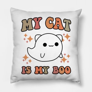 My Cat Is My Boo Spooky Season Ghost Halloween Groovy Retro Pillow