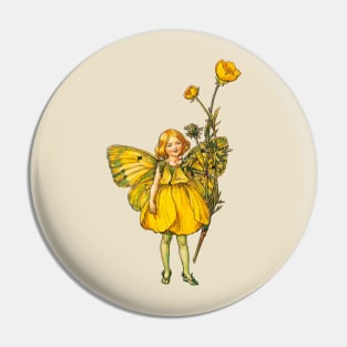 Cute Vintage Cottagecore Yellow Faerie Pixie With Buttercup And Butterfly Wings Pin