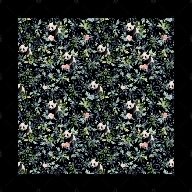 Floral Panda Pattern with Pink and Blue Roses by 1000 Pandas