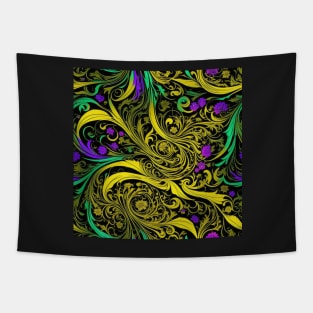 Psychedelic Art Nouveau Alphonse Mucha Yellow on Black Floral Graphic Print Tapestry