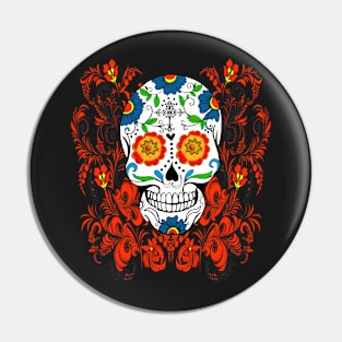 Orange Floral Sugar Skull Day Of The Dead Pin