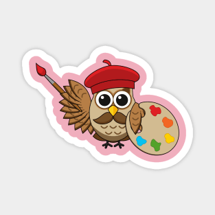 Cute Painter Owl Cartoon Magnet