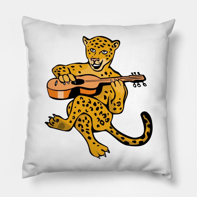 Leopard  Playing Guitar Cartoon Pillow by retrovectors