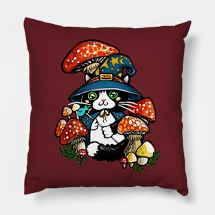 Adorable and Mystical Kitty Cat Wizard Sitting in some Mushrooms Pillow