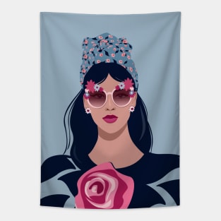 Trendy female portrait in sunglasses with flowers Tapestry