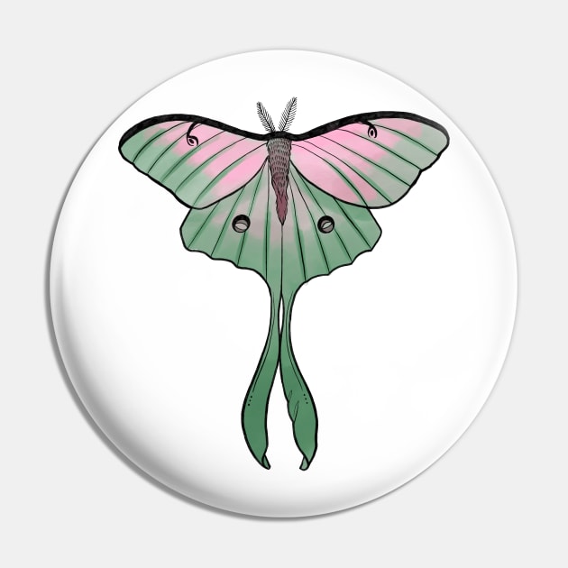 Pink Luna Moth Design Pin by Ley Guth Art