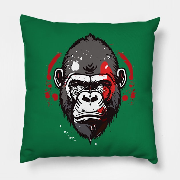 t-shirt design, gorilla with red paint splatters on its face, poster art Pillow by goingplaces