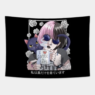 Goth Anime Girl Black Gothic Cat Coffee Lover Vaporware Tapestry