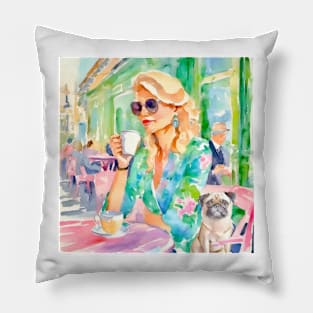 Girl and her pug in a Parisian cafe, watercolor painting Pillow