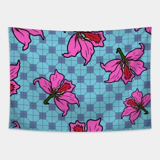 Bauhinia Flower with Turquoise Tile Floor Pattern - Summer Flower Pattern Tapestry