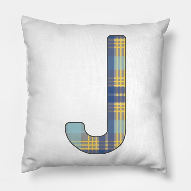 Monogram Letter J, Blue, Yellow and Grey Scottish Tartan Style Typography Design Pillow by MacPean