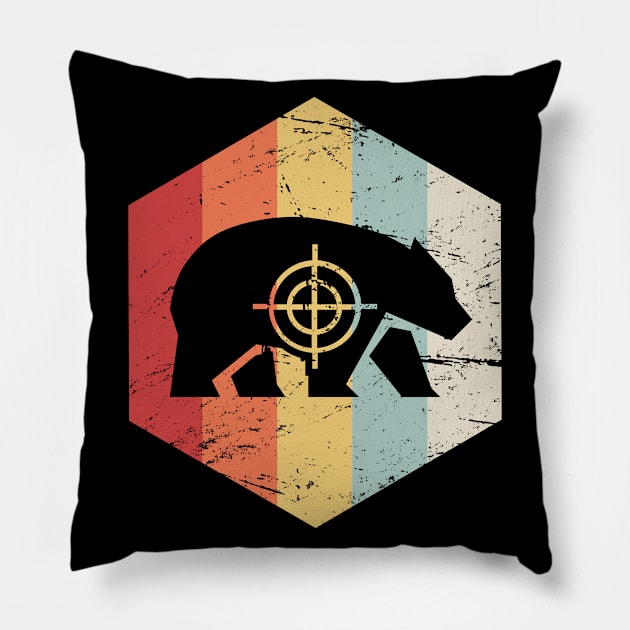 Retro 70s Bear Hunter Icon Pillow by Wizardmode