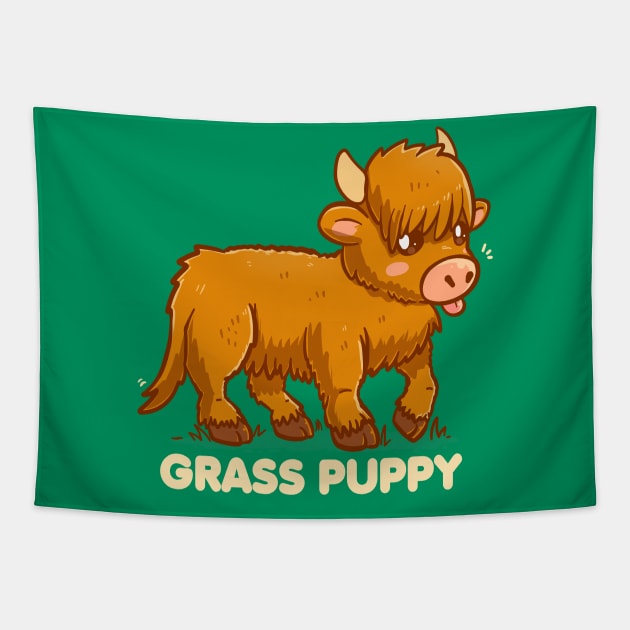 Grass Puppy - Scottish Highland Cow Tapestry by TechraNova