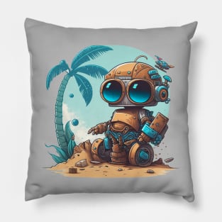 Cute little robot chilling on the beach Pillow