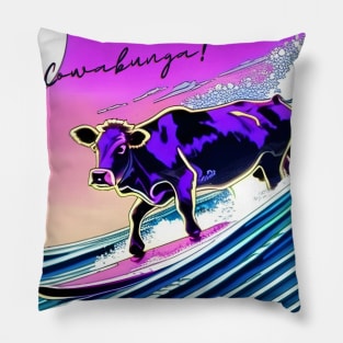 Cowabunga! Funny Retro Surfing Cow Pillow