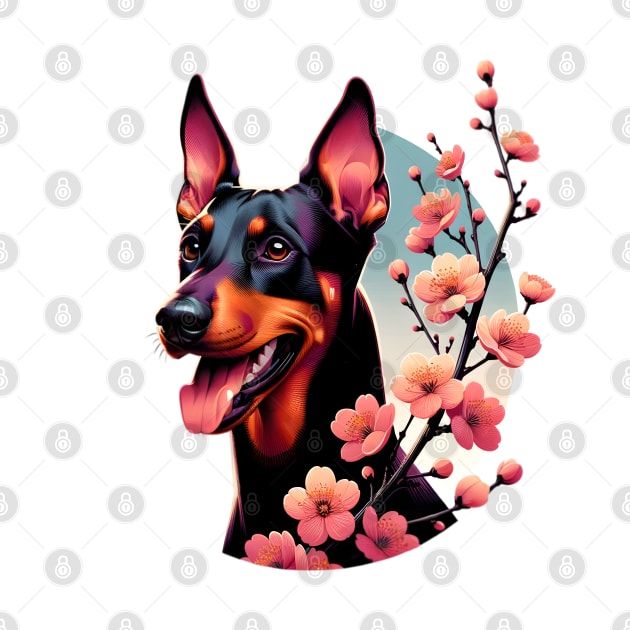 Joyful German Pinscher with Spring Cherry Blossoms by ArtRUs