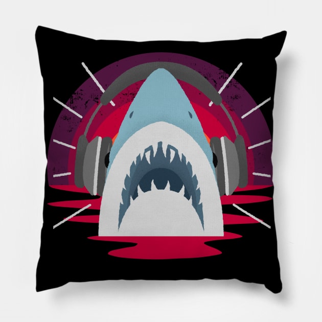 Headphones On Shark Sunset Pillow by RockReflections