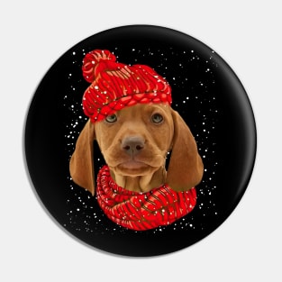 Vizsla Wearing Red Hat And Scarf In Snow Christmas Pin