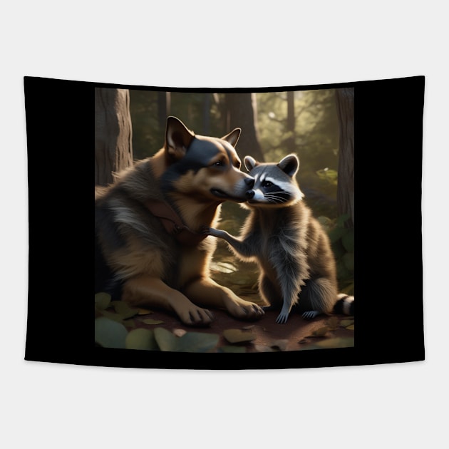 Cute Couples: A Dog and a Raccoon Tapestry by Musical Art By Andrew