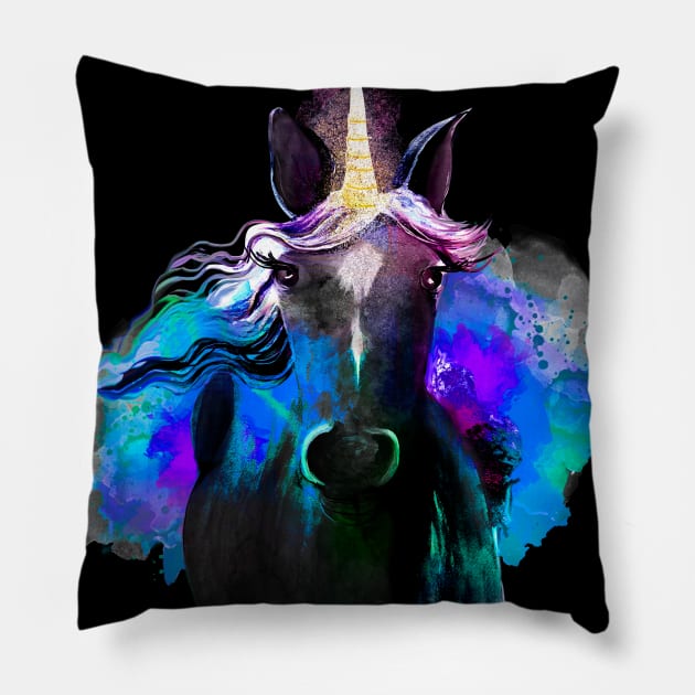 Watercolor Black Unicorn Pillow by digitaldoodlers