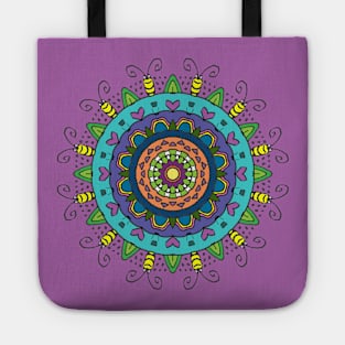 Colorful Mandala with Hearts and Bugs on Purple Tote