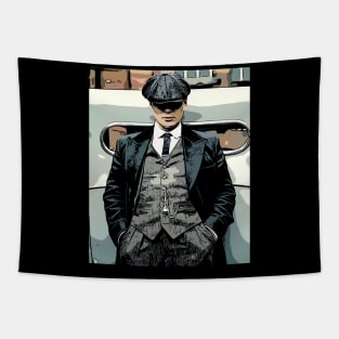 well shelved, thomas shelby leans against a car with his hands in his pants and hat pulled deep into his face as abstract art (vers. 3) Tapestry