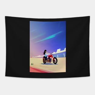 JAPANESE GIRL COOL RETRO MOTORCYCLE ON THE BEACH Tapestry