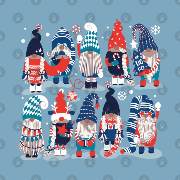 Let it gnome // spot // blue background little Santa's helpers preparing for Christmas neon red classic oxford and pastel blue dressed gnomes by SelmaCardoso