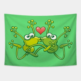 Funny green frogs falling in love while performing an acrobatic kiss Tapestry