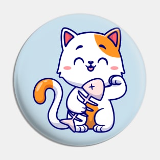 Cute Cat Holding Fishbone Cartoon Pin