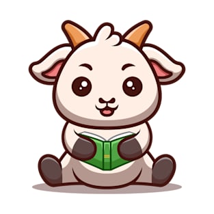 Goat Sitting Reading Book Cute Cartoon T-Shirt