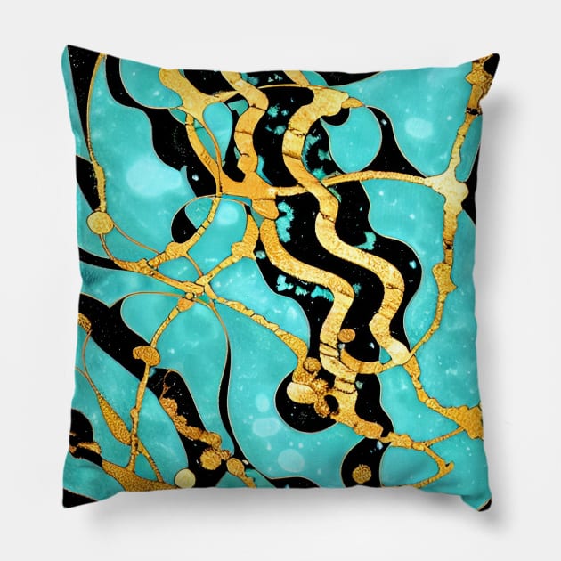 Turquoise Marbling with Gold and Black Pillow by ArtistsQuest