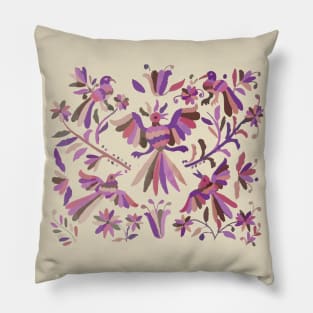 Pink purple otomi tenango mexican fabric birds and flower embroidery interior design Pillow