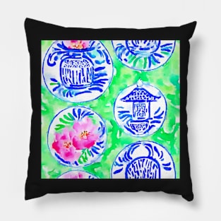 Chinoiserie pagodas on lime green Pillow